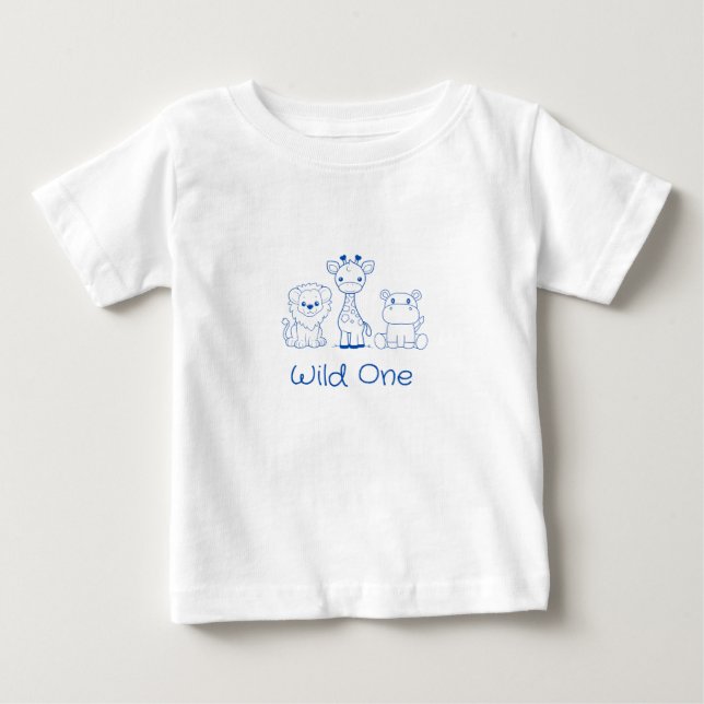 "Vild en" Giraff, Lejon, Flodhäst Blå Kontur T Shirt (Framsida)