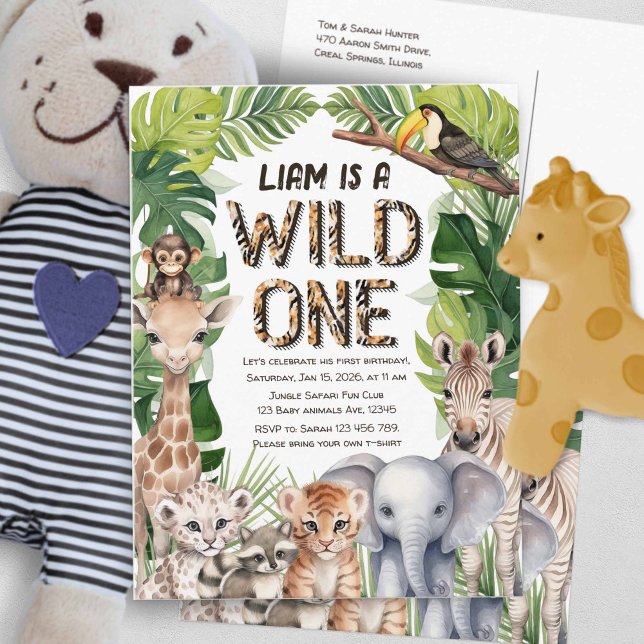 Vild en Jungle Safari-pojke 1:a födelsedag Inbjudan Vykort (Hes a wild one, boy 1st birthday postcard invitation.)