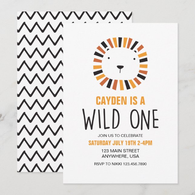 Vild En Lejon inbjudan till första födelsedag (Fram/baksida)