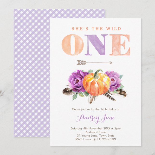 Vild En Lila Orange Pumpkin 1:a födelsedag Party Inbjudningar (Fram/baksida)