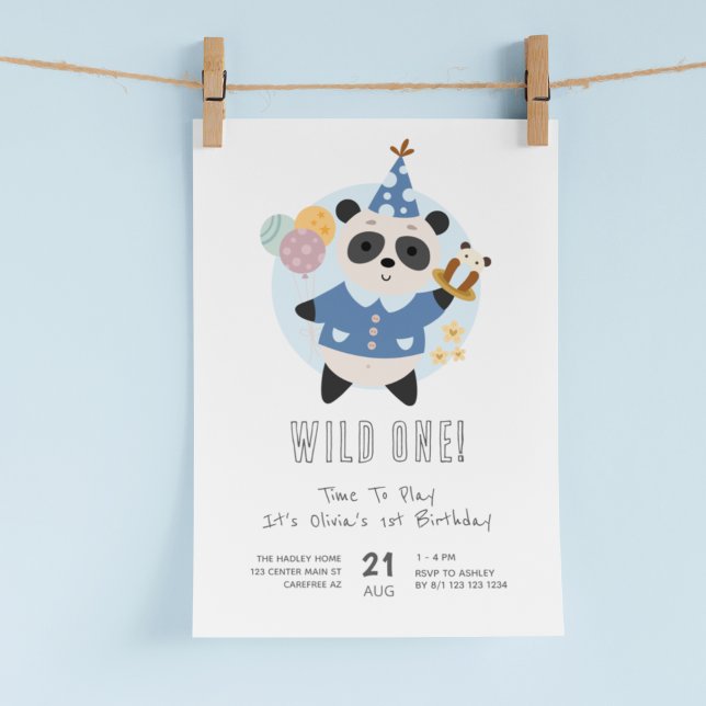Vild en Panda Björn Blå 1-årsdag Inbjudningar (Skapare uppladdad)