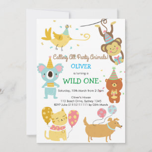 Vild En party Animals Boy Baby födelsedag Inbjudningar
