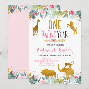 Vild En Rosa Guld Greenery Safari Birthday Inbjudningar