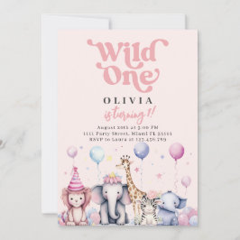 Vild En Rosa Jungle Safari Animals Girl Birthday Inbjudningar