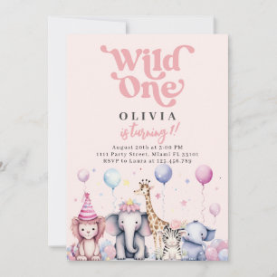 Vild En Rosa Jungle Safari Animals Girl Birthday Inbjudningar