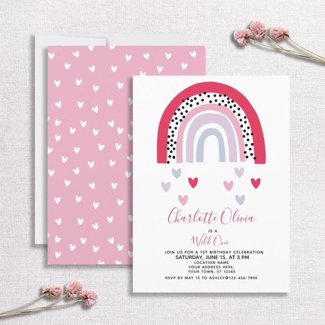 Vild En Rosa Rainbow Girl's 1st Birthday Party Inbjudningar (Skapare uppladdad)