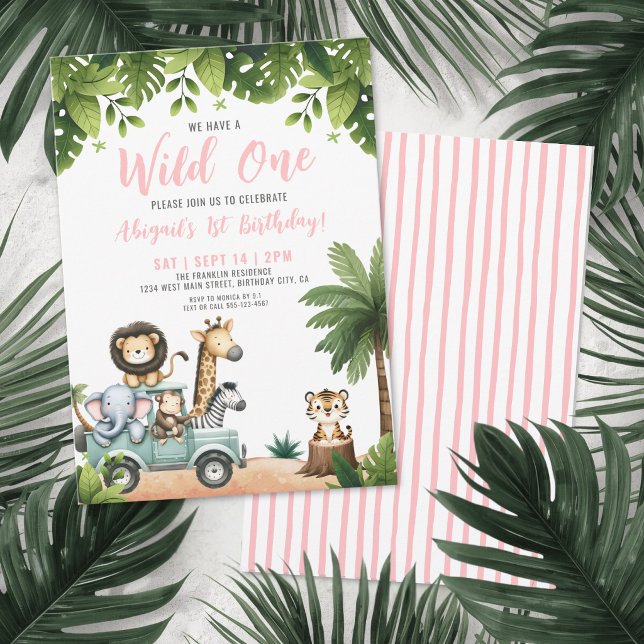 Vild en rosa safari 1-års födelsedagsfest inbjudningar (Wild One Pink Safari 1st Birthday Party Invitation)