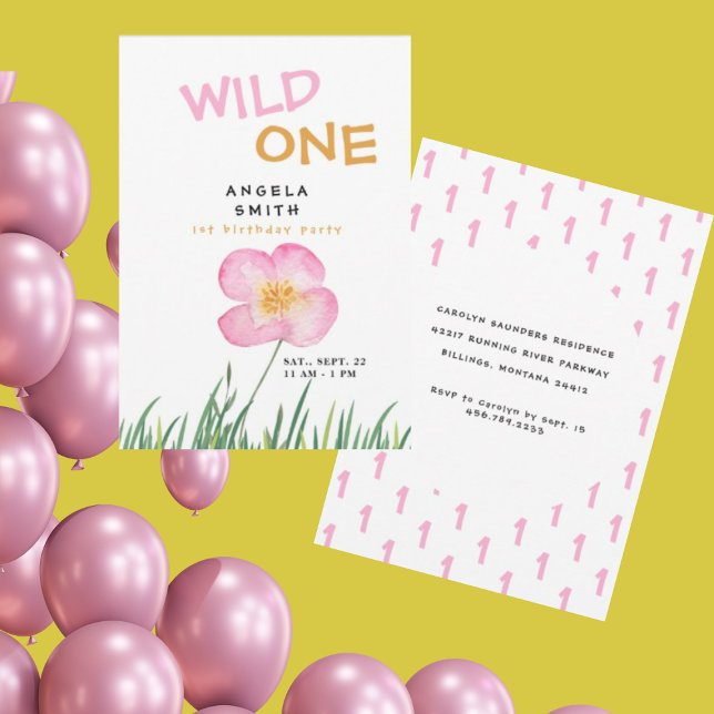 Vild En Rosa Wildblomma 1:a födelsedag Party Inbjudningar (Skapare uppladdad)