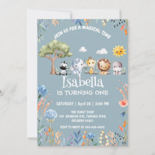 Vild en safari djungel Blommigt Birthday namn Inbjudningar