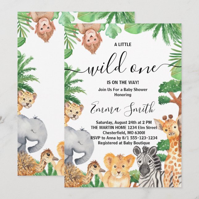 Vild en safari-djungel djur baby shower inbjudningar (Fram/baksida)