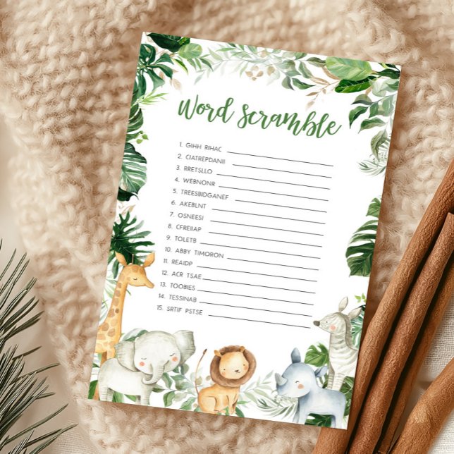 Vild en Safari Dusch Bebis Ordbajslekort (Greenery Jungle Baby Shower  Word Scramble Game)