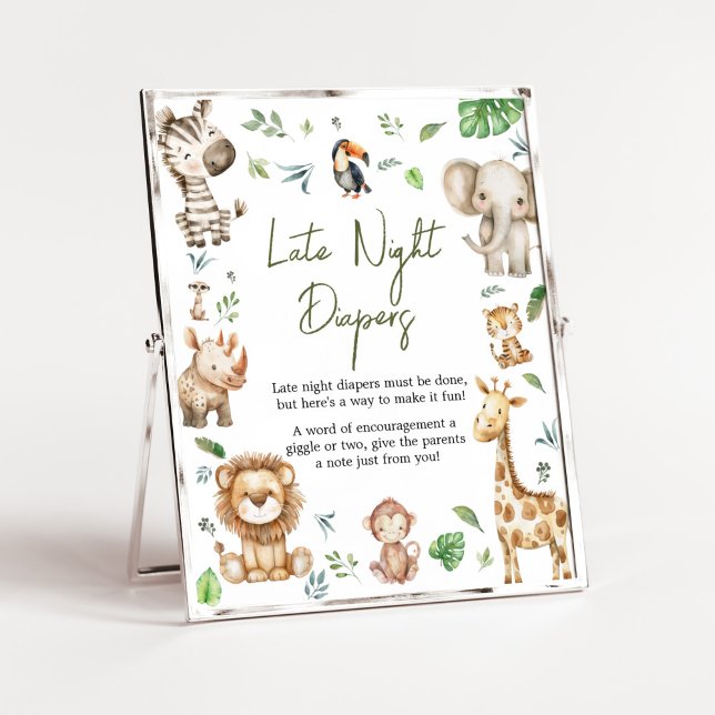 Vild en safari för sent på natten, babyskor poster (Little Wild One Safari Animals Baby Shower Late Night Diapers Sign)
