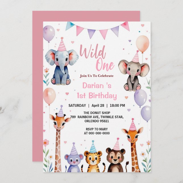 Vild en söt animals ballong flickor 1-årsdag tack kort (Fram/baksida)