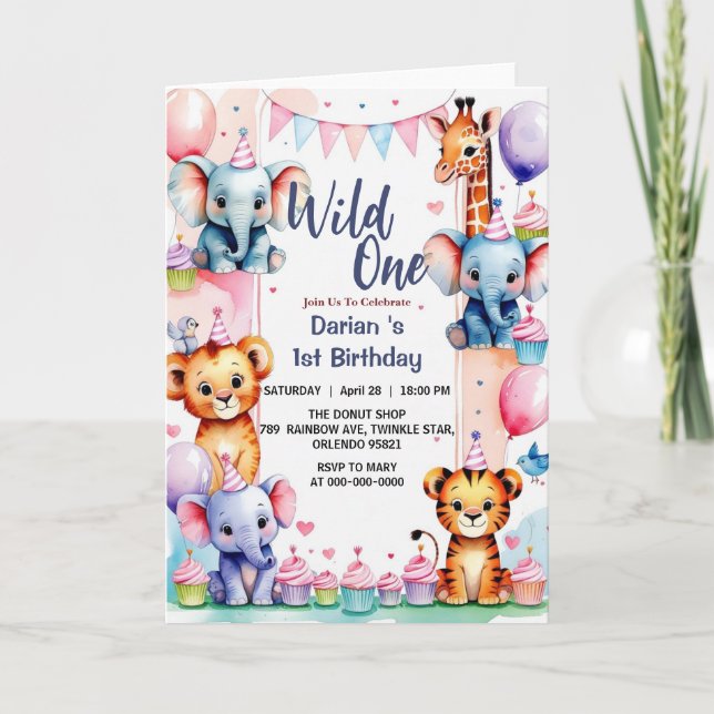 Vild en söt djur ballong cupcake 1-års födelsedag inbjudan (Framsida)