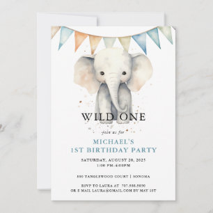 Vild En vattenfärg Elephant Blue 1st Birthday Inbjudningar