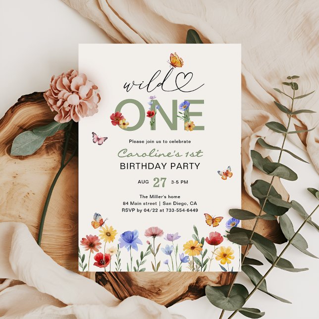 Vild enstaka vilda blommor fjäril 1-årsdag inbjudningar (Skapare uppladdad)