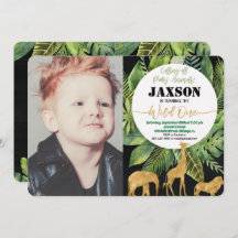 Vild ett 1:a födelsedag fotoinbjudan pojke safari