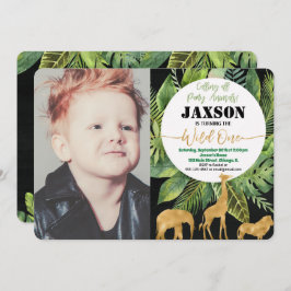 Vild ett 1:a födelsedag fotoinbjudan pojke safari inbjudningar