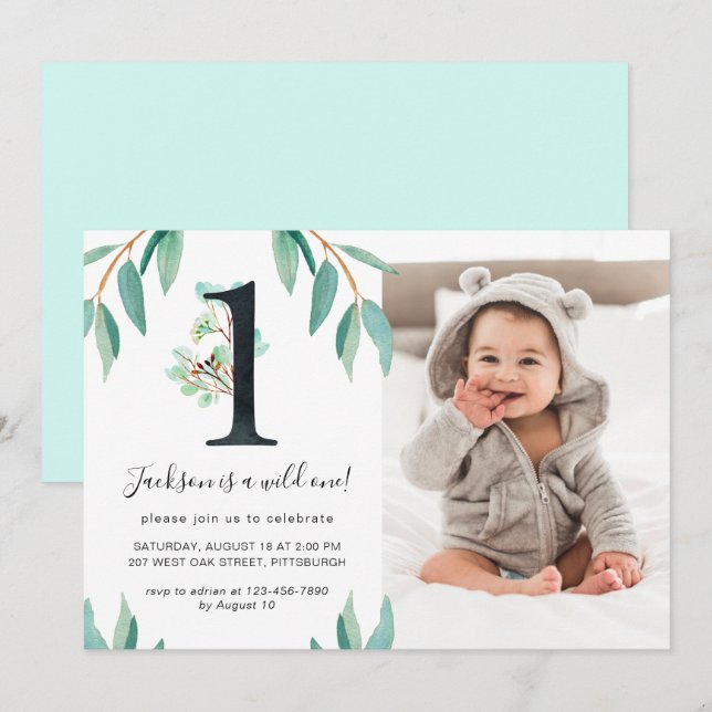 Vild Ett 1:a födelsedag Party fotoblått bakåt Inbjudningar (Fram/baksida)