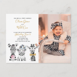 Vild Ett Animal Safari Baby 1st Birthday Photo Inbjudan Vykort