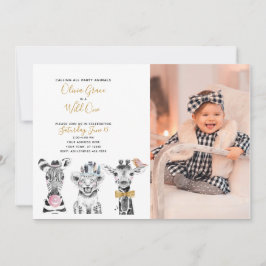 Vild Ett Animal Safari Baby 1st Birthday Photo Inbjudningar