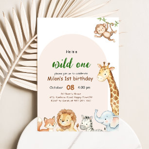 Vild ett års arkbåge Safari Djur Pojke 1-årsdag Inbjudningar