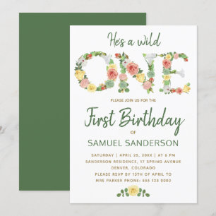 Vild Ett blommigt-typografi-skript 1:a födelsedag Inbjudningar