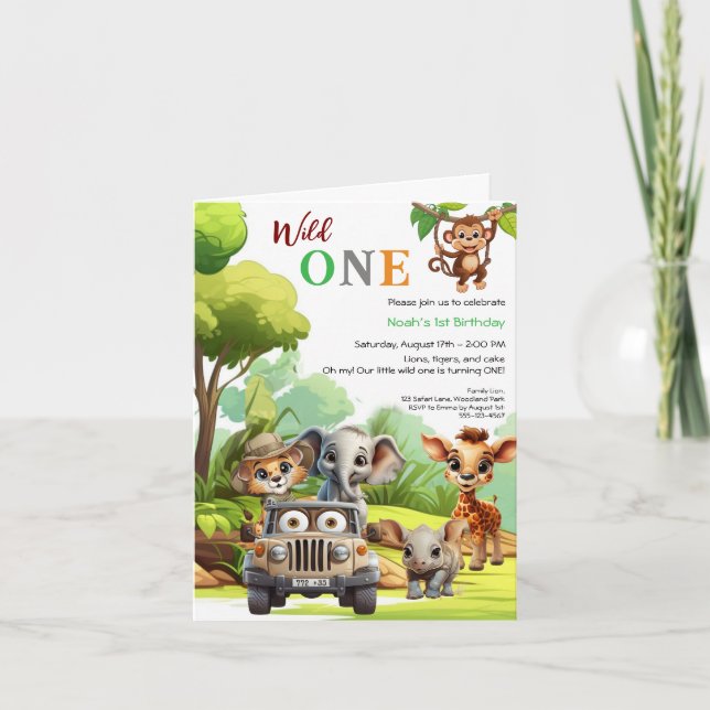 Vild Ett Cute Jungle Animal Barns första födelseda Inbjudan (Framsida)