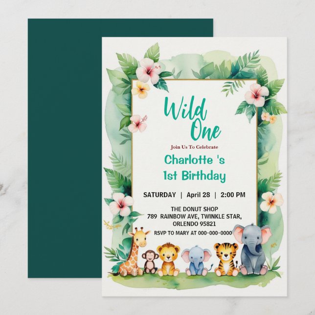 Vild Ett Cute Jungle Animal Barns första födelseda Inbjudningar (Fram/baksida)
