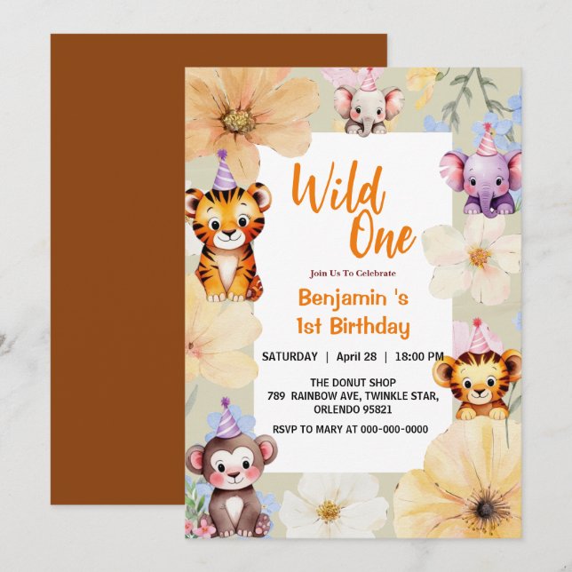 Vild Ett Cute Jungle Animal Barns första födelseda Inbjudningar (Fram/baksida)