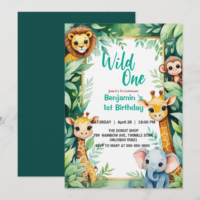 Vild Ett Cute Jungle Animal Barns första födelseda Inbjudningar (Fram/baksida)