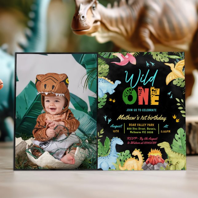 Vild ett Dino Party Dinosaur 1:a födelsedag foto Inbjudningar (Skapare uppladdad)
