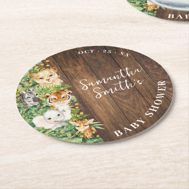 Vild ett Djur Rustic Safari Baby Shower Underlägg Papper Rund (Vinklad)