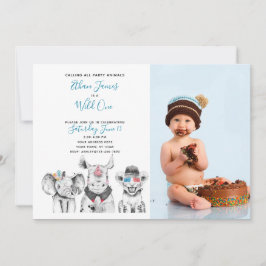 Vild Ett djur Safari Pojke 1:a födelsedagsfoto Inbjudningar