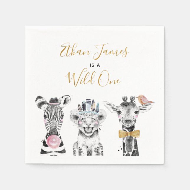 Vild Ett Djurssafari Black White Guld-födelsedag Pappersservett (Framsidan)