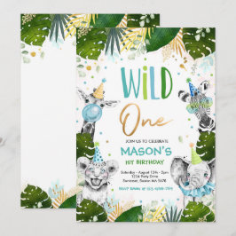 Vild Ett födelsedag Guld Safari Jungle Animals Par Inbjudningar