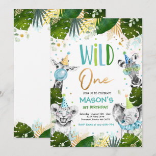 Vild Ett födelsedag Guld Safari Jungle Animals Par Inbjudningar