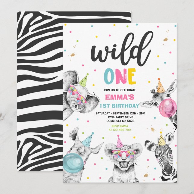 Vild Ett födelsedag Guld Safari Jungle Animals Par Inbjudningar (Fram/baksida)