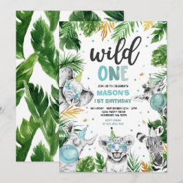 Vild Ett födelsedag Guld Safari Jungle Animals Par Inbjudningar