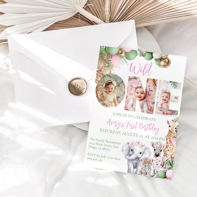 Vild Ett födelsedag Rosa Girl Safari Animal Photo Inbjudningar (Skapare uppladdad)