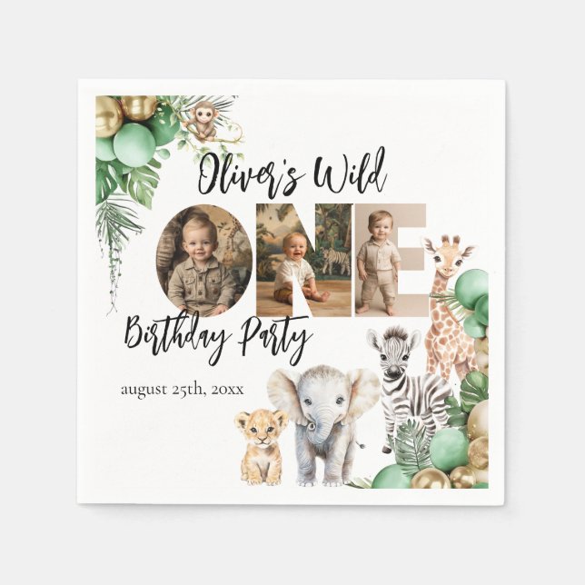 Vild Ett födelsedag Safari Animal Photo Pappersservett (Framsidan)