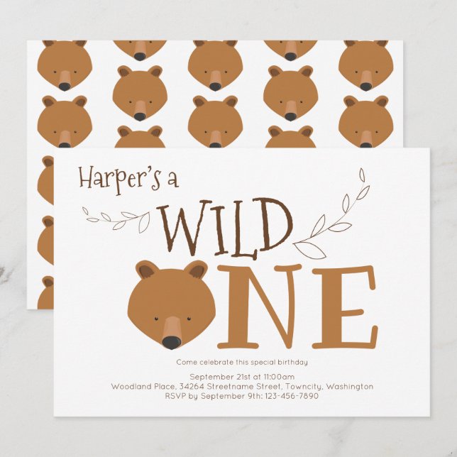Vild Ett födelsemeddelande första födelsedag Inbjudningar (Fram/baksida)
