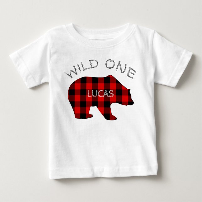 Vild Ett första födelsedag Bear Lumberjack-pålägg Tee Shirt (Framsida)