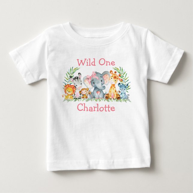 Vild Ett första födelsedag Safari Animals Rosa Bow T Shirt (Framsida)