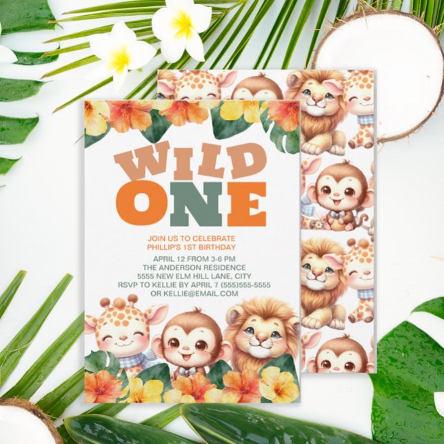 Vild Ett första födelsedag Safari Lejon Giraffe Mo Inbjudningar (Cute "Wild One" safari animal 1st birthday party invitation.)