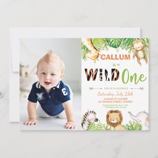 Vild Ett första födelsedagsjungle Animals Boy Phot Inbjudningar (Framsida)