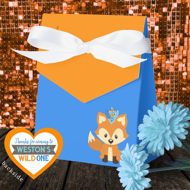 Vild ett foxblått och Orange Behandla favoritrutor Presentaskar (Wild One Forest Fox Royal Blue & Orange Treat Favor Boxes. Personalized Backside)