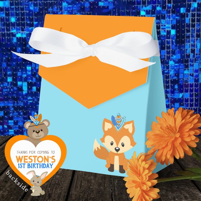 Vild ett foxfält för Baby blue Orange och hanterin Presentaskar (One Happy Camper Wild One Forest Fox Favor Boxes in Baby Blue and Orange. Personalized Backside.)