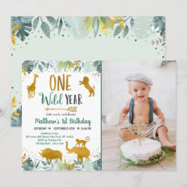 Vild ett Greenery Guld Safari Birthday Inbjudningar