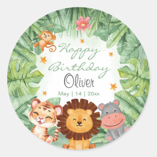Vild ett Jungle Animals Tropical Boy Birthday Runt Klistermärke